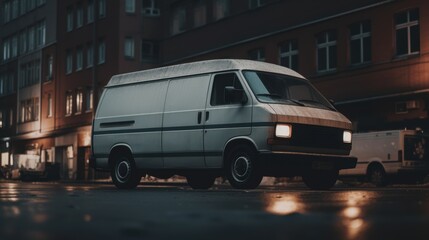 White Delivery Van in the City Rain: A clean white van drives through a city street at night during a light rain, with the reflections of streetlights in the wet asphalt. The van is in focus, while th