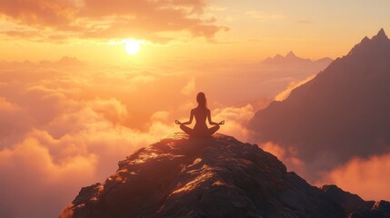 Fototapeta premium Woman meditating on a mountain peak at sunset