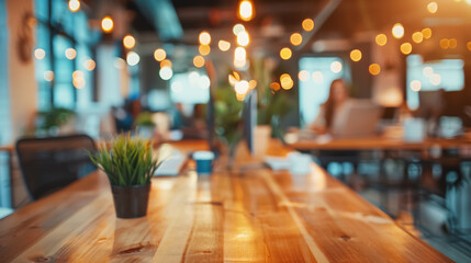 Business office with blurred people in casual wear and a bokeh background
