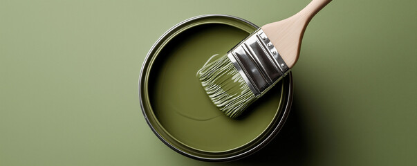 Open paint can with brush dipped in green paint, ready for home improvement or repair projects concept