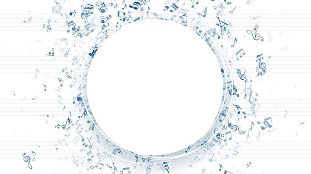 Round music notes frame, musical white background. Loop animation. Copy space.