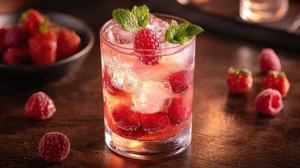 Refreshing raspberry cocktail garnished with mint leaves on a wooden table in a cozy setting