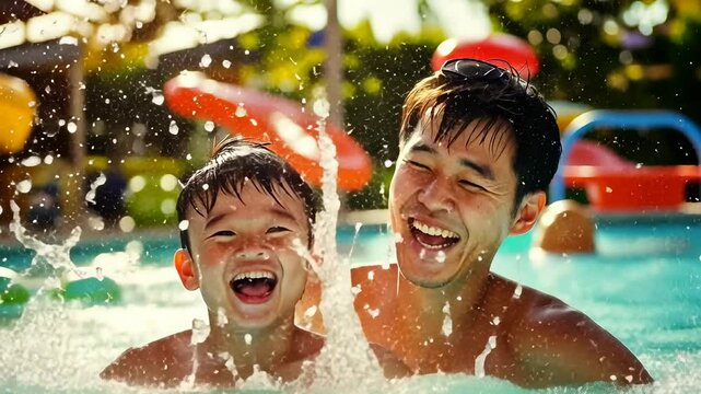 A young Asian father and his son enjoy a refreshing splash in a water park pool under the sun. Both are smiling joyfully, creating a vibrant and happy family moment in this summer activity.