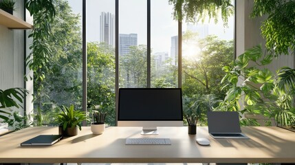 Fototapeta premium Modern office with large windows, computer monitors on desks, and plants in the background