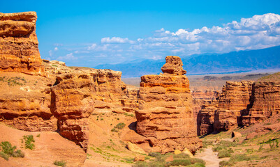 Charyn Canyon, Valley of Castles. The excellence of Kazakhstan. Panorama of natural unusual landscape. The red canyon of extraordinary beauty looks like a Martian landscape.