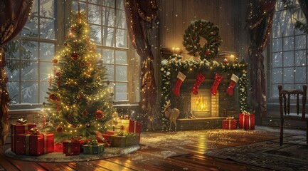 Fototapeta premium Atmosphere of celebration on a cozy Christmas Eve by the fireplace. Decorated tree, gifts, and stockings hung with care set a festive, joyful, and nostalgic mood for a merry holiday gathering