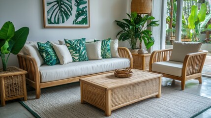Stylish modern living room featuring a bamboo sofa, tropical cushions, and a serene natural decor with lush green plants.