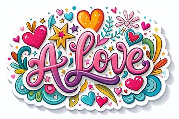 Vibrant, colorful sticker with bold, cursive script forming the words "a love" surrounded by whimsical hearts, stars,