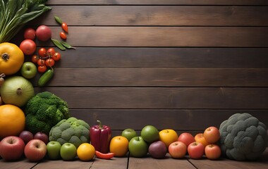 A rustic wooden table with neatly placed fruits and vegetables in the bottom corner, leaving the rest of the image blank for copy space.