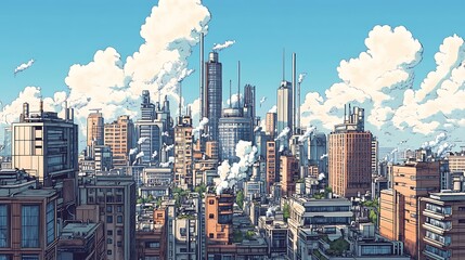 Fototapeta premium A vibrant cityscape featuring modern skyscrapers and greenery under a bright blue sky.