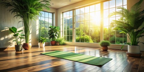 Fototapeta premium Serenity fills a sun-kissed room with lush greenery as a vacant yoga mat assumes a peaceful lotus pose, evoking a sense of calm and mindfulness.