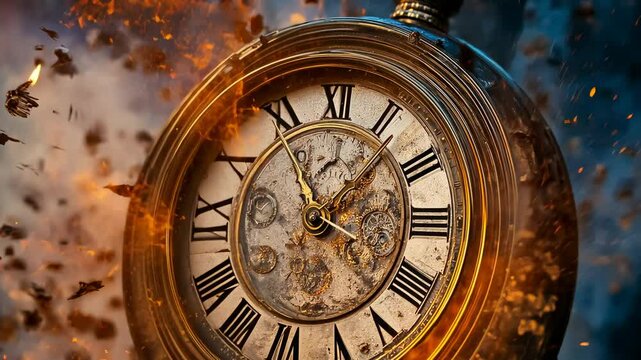 A vintage clock face shattering with sparks and flying debris creates a dramatic scene, captured in a close-up shot. The explosion in the dark setting adds a sense of urgency and chaos, with a burst