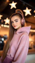 an  idol girl with long, straight brown hair tied in a high ponytail, wearing glittery headphones and a fashionable cropped hoodie with a pleated skirt. 