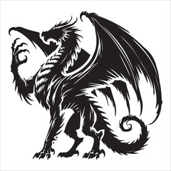 Naklejka premium Dragon vector in black and white - Dragon Silhouette Clipart 