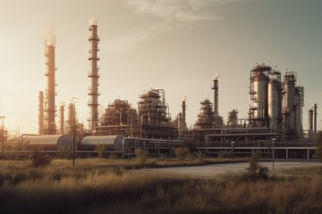 Obraz premium Industrial Sunset: A sprawling oil refinery bathed in the golden hues of sunset, highlighting the complex network of pipes and towers against a dramatic sky. 
