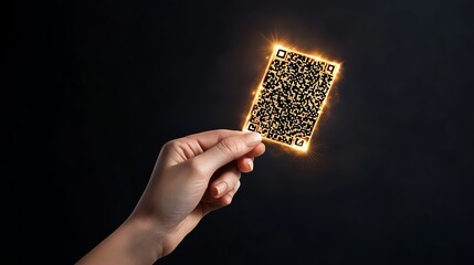 Hand Holding Glowing QR Code in Dark Space