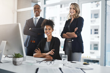 Corporate, lawyer and computer with portrait of business people in office for legislation, privacy policy and teamwork. Case proposal, online and legal counsel with employees in law firm for justice