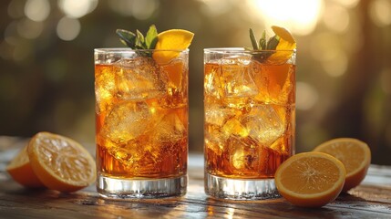 Refreshing iced tea drinks with lemon garnishing in a sunlit outdoor setting during a summer afternoon