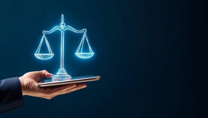 balance scale icon emerging from a digital tablet,Smart Financial and Legal Management, justice and legal technology,Virtual  Balance and Fairness Tools.
