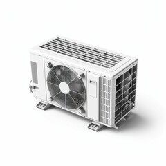 Obraz premium Modern Air Conditioner Unit: A sleek and modern air conditioner unit with a white finish, featuring a fan and a vent, isolated on a white background. This image is perfect for showcasing the latest in