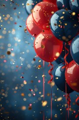 Red and Blue Balloons with Confetti: A festive backdrop of red and blue balloons tied with ribbons floats in the air against a blue bokeh background with gold confetti falling. Perfect for celebrating