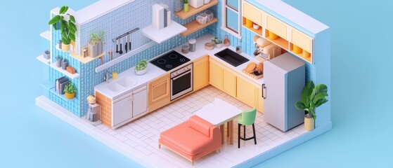Modern Isometric Kitchen Design with Furniture and Decor