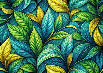 Vibrant, intricate, seamless leaf patterns in shades of green, blue, and yellow, swirling together in a mesmerizing