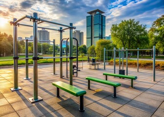 Urban fitness equipment stands alone on pavement, showcasing a solitary workout station with parallel bars, benches, and exercise mats, evoking a sense of energetic athleticism.