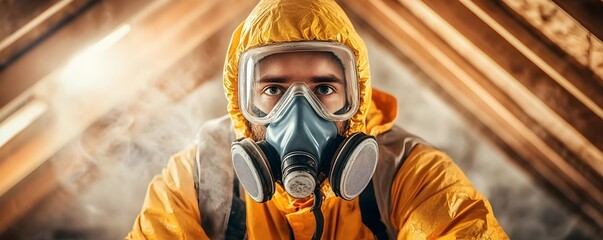 Obraz premium Industrial Worker Checking Ventilation System with Protective Gear in Dusty Attic Setting