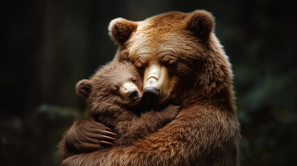 Obraz premium A heartwarming scene of a mother bear embracing her cub, perfect for nature conservation campaigns or educational purposes. Design for Wall Art, Poster Print, Wallpaper & Background