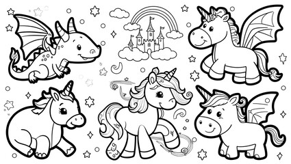 Each page presents a unique scene, from a unicorn prancing under a rainbow to a dragon playing with a butterfly, ensuring hours of coloring entertainment.