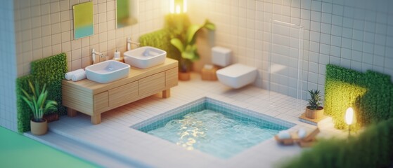 Modern bathroom with pool and plant decor