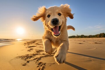 Golden Retriever puppy retriever outdoors running.