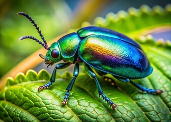 Naklejka premium Vibrant, iridescent blue beetle with intricate wing patterns perches on a delicate, curved leaf, surrounded by lush