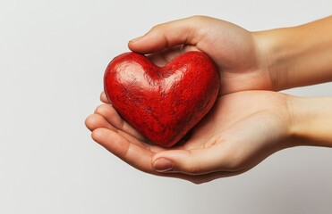 Hand holding a red heart on white background, offering love and care, with copy space