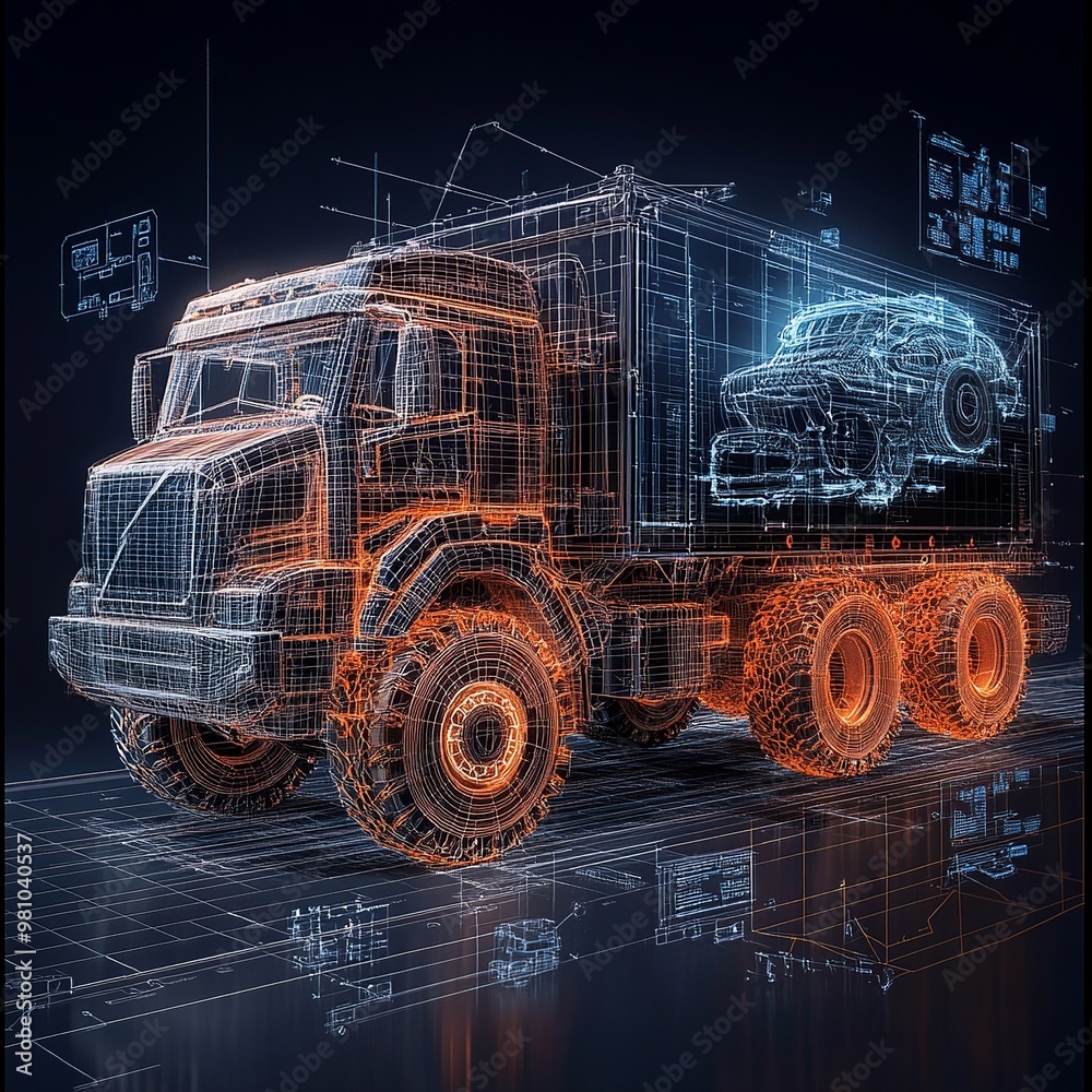 Poster a truck under construction, with one half fully built and the other half in digital graphics, illust