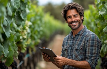 Fototapeta premium Handsome man using a digital tablet in a vineyard, writing, smiling, professional work setting