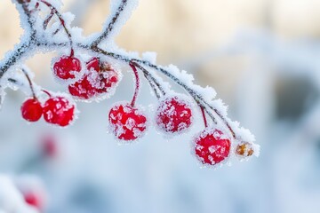 Frosted red berries on branch in winter - Powered by Adobe