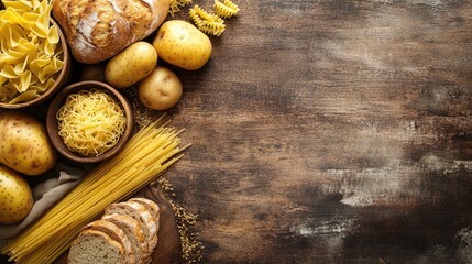 Fototapeta premium An assortment of carbohydrate-rich foods like potatoes, pasta, and bread on a rustic table, with text space above.