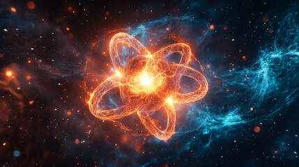 Fototapeta premium Atomic energy release during nuclear fission, a burst of power with glowing particles and radiation waves 