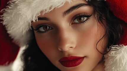 Closeup Portrait of a Woman Wearing a Santa Hat
