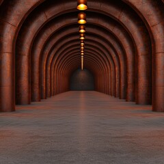 Naklejka premium Abstract Rusty Tunnel with Illuminated Ceiling Lights