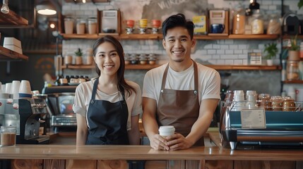 Fototapeta premium Smiling Asian Couple: Owners of a Coffee Shop with Warm and Welcoming Atmosphere