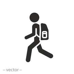 activity hiking, icon, man with backpack, walk human, journey outdoor concept, flat vector illustration