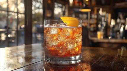 Refreshing cocktail with ice and lemon on a wooden bar during a sunny afternoon at a cozy establishment