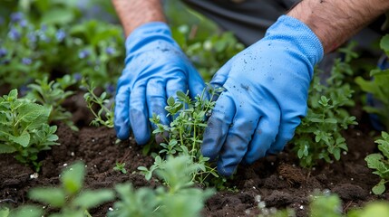 Senior Man Gardening: Planting in the Garden with a Soft Blurred Background