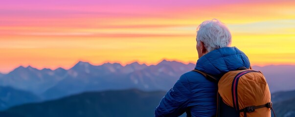 Elderly person with a backpack, looking out at a vibrant sunrise over mountain ranges, embodying the spirit of exploration in later years