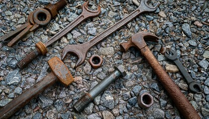 A set of large, rusted industrial tools—wrenches, hammers, and bolts—scattered on a rough, grey stone gravel surface.