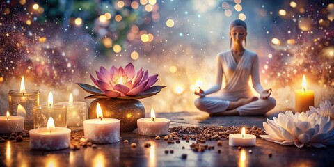 Ethereal bokeh lights envelop a serene atmosphere where candles, crystals, and flowers surround a meditation yoga space for spiritual connection and inner balance.