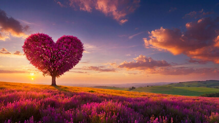 Heart-shaped tree in the middle of a beautiful flower field, sunset image